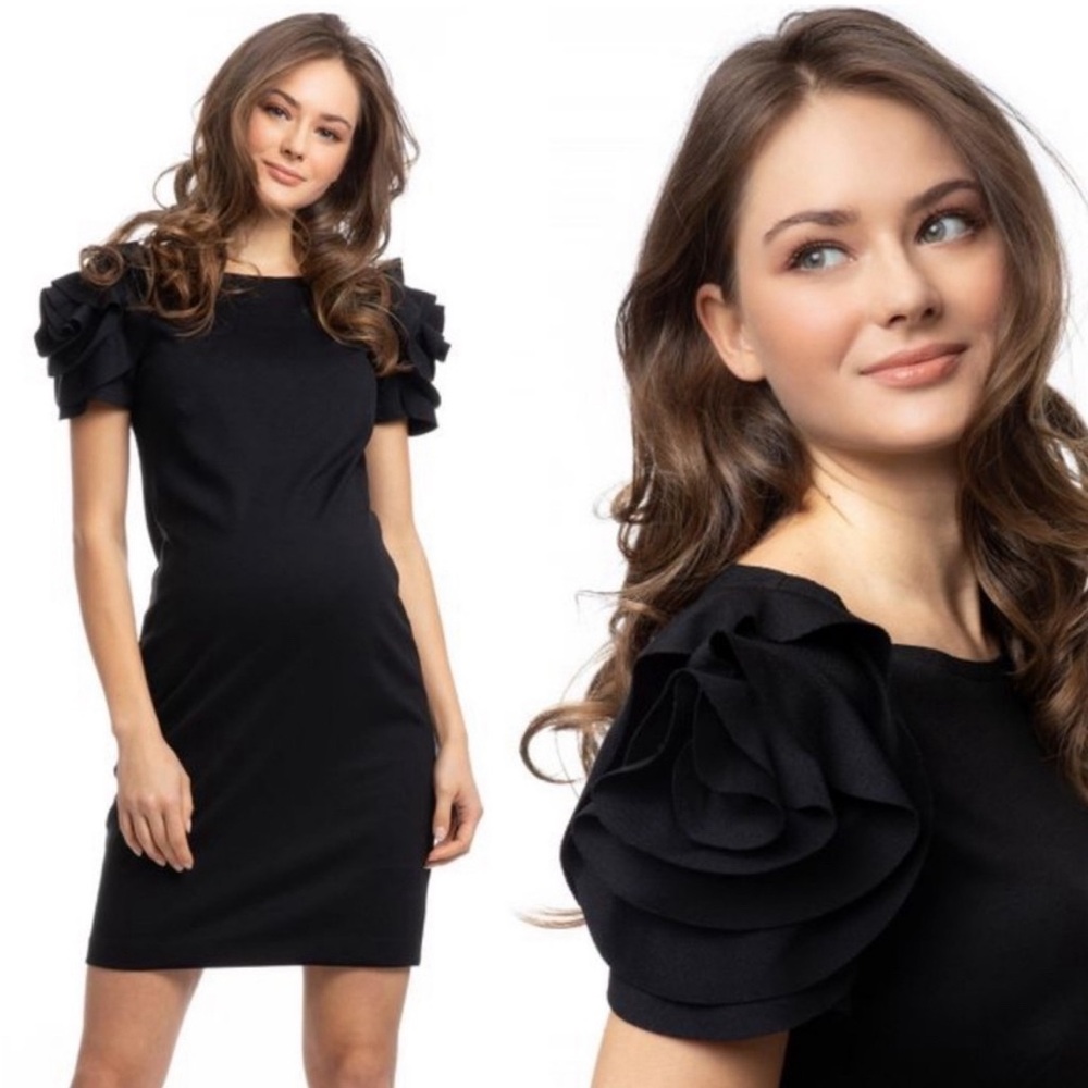 Pietro Brunelli Solid Black Ruffle Rose Sleeve Maternity Cocktail Party Dress